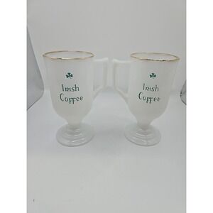2 Irish Coffee Cups Vintage Milk Glass Pedestal Mug Pair MCM
